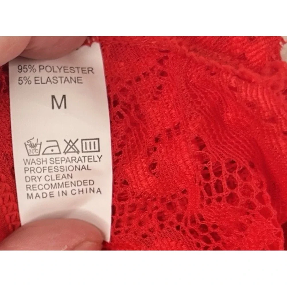 Floral Lace Halter Bodysuit‎ Plunging Neckline Low Back Adjustable Red M - Picture 11 of 14